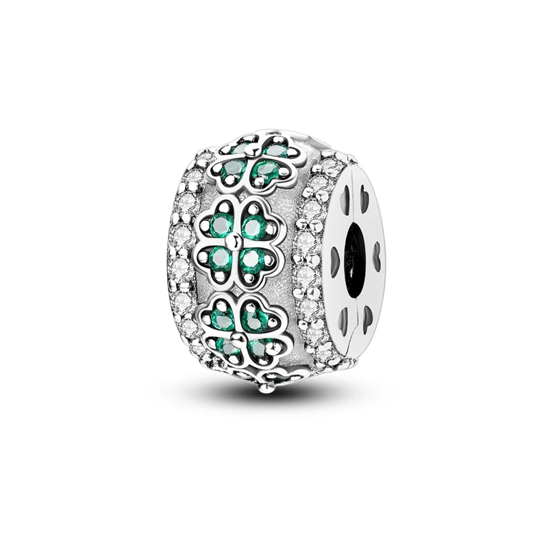 

925 Sterling Silver Green Pavé Four Leaf Grass Heart Hollow Charm Fit Pandora Bracelet Women's Friendship Anniversary Gift