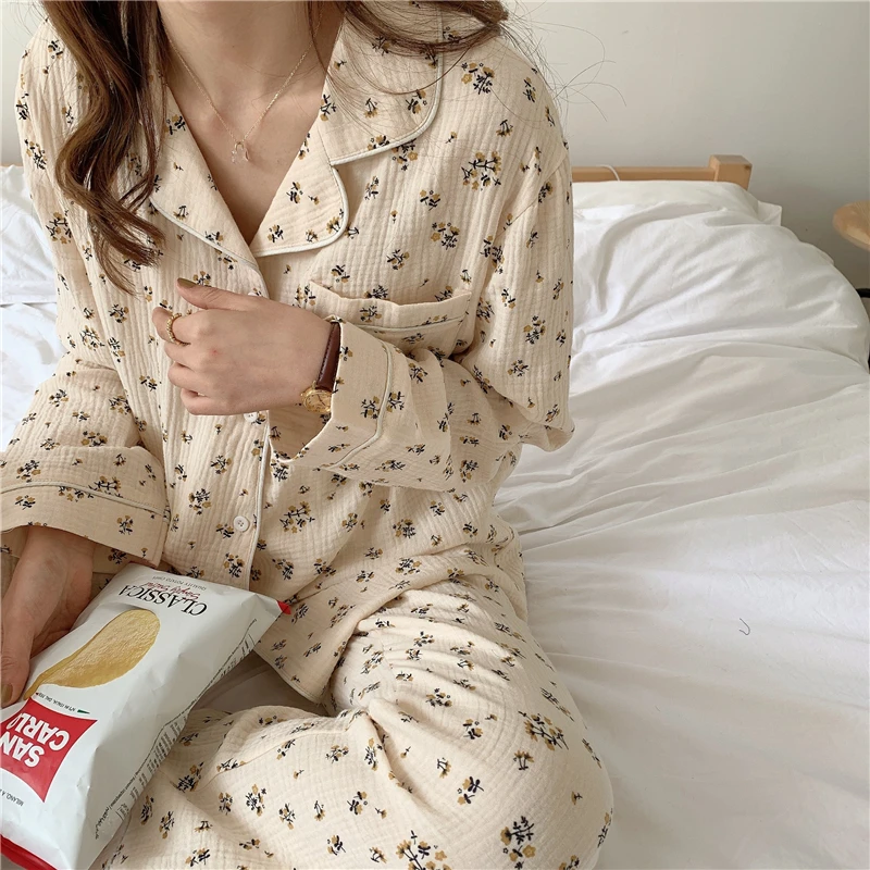 Floral Print Autumn Pajamas Set Women Single Breasted Shirts + Trousers Set Cotton Two Piece Home Suit Vintage Pockets Sleepwear