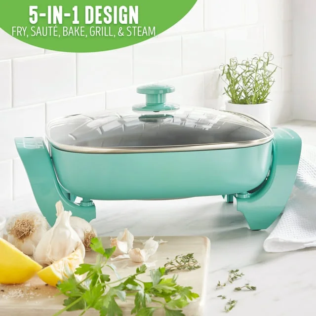 Nonstick Square Electric Skillet with Glass Lid, 12 Inches, Teal 5