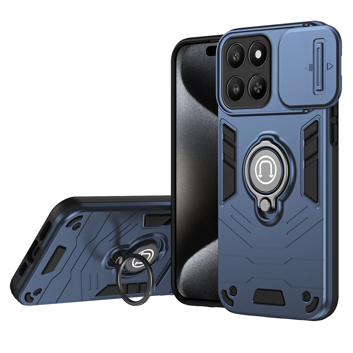 Rugged Armor Shockproof Phone Case with Slide Window and Metal Ring Holder