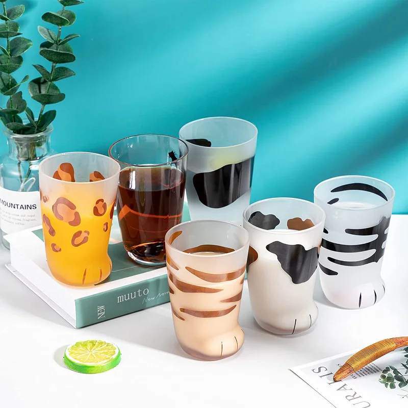 300ml Cute Cat Paw Glass Cup Frosted Print Cat Foot Coffee Mug Household Kawaii Milk Bubble Tea Cups Glasses for Water Juices