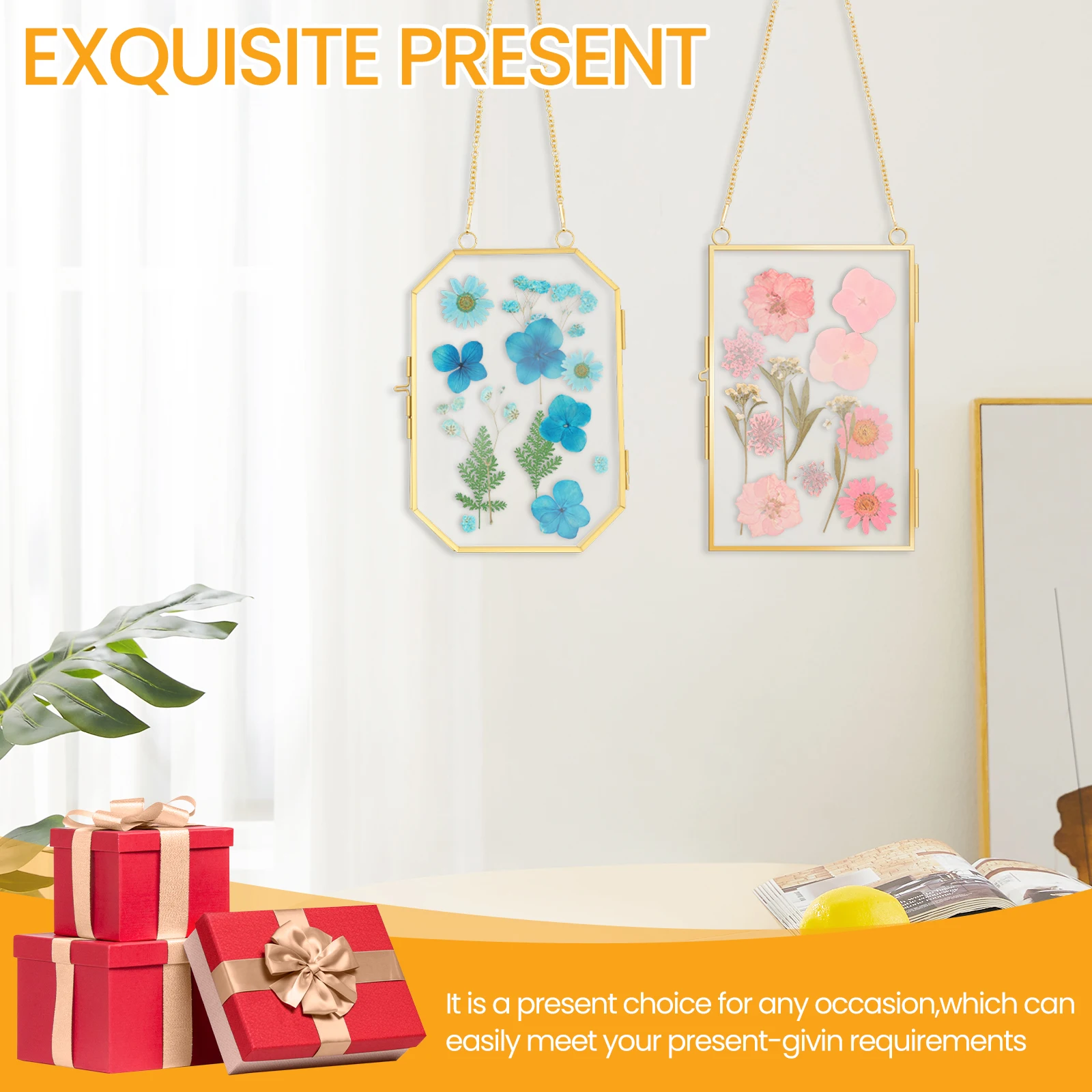 4Pcs Double Glass Frame with Chain Hanging Picture Frame Flower Pressed Dried Flowers Glass Frame Wall Decor