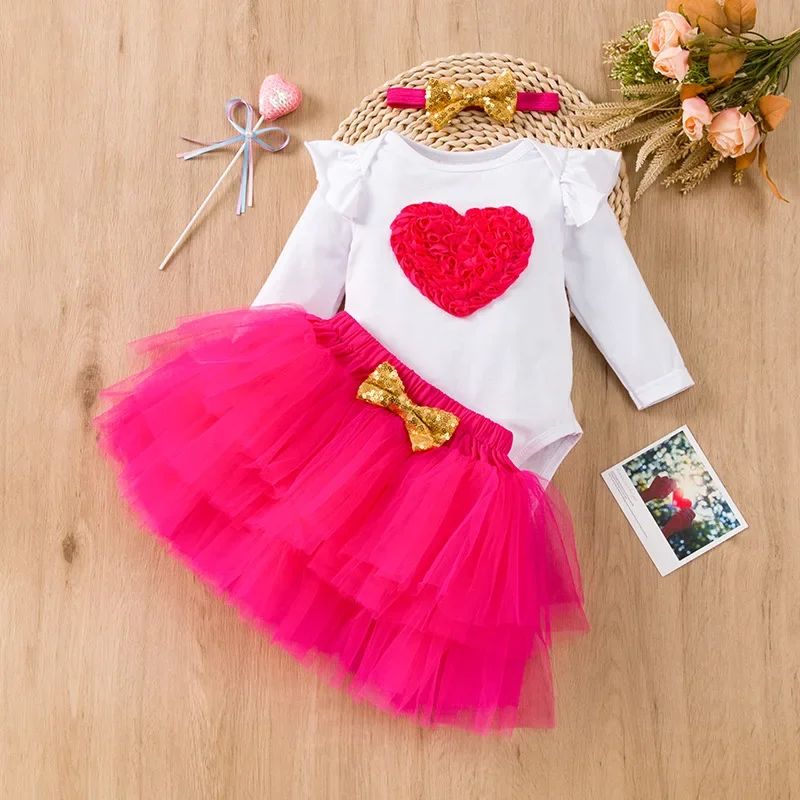 Baby Birthday Tutu Romper Skirt Heart Flower Mother's Day Love Flying Sleeves Sweetheart Clothes Mesh Half Skirt Set Baby Dress