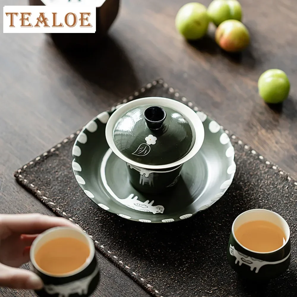 150ml Handmade Powder Yin Olive Green Gaiwan Boutique Hand Painted Cat Tea Tureen Tea Making Cover Bowl Tray Cafes Supplies