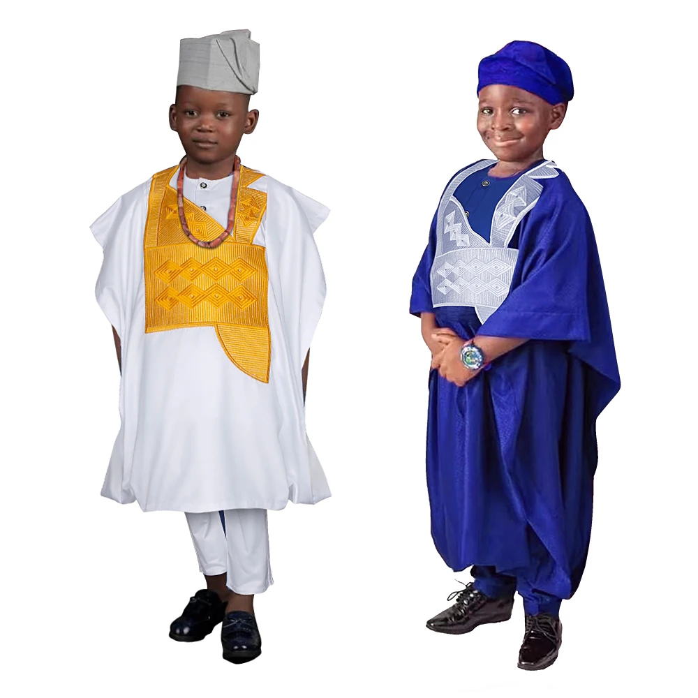 H&D New African Tradition Clothes For Kids Boys White Long Sleeve Tops Embroidery Dashiki Robe Shirt Pant Child Set Ramadan