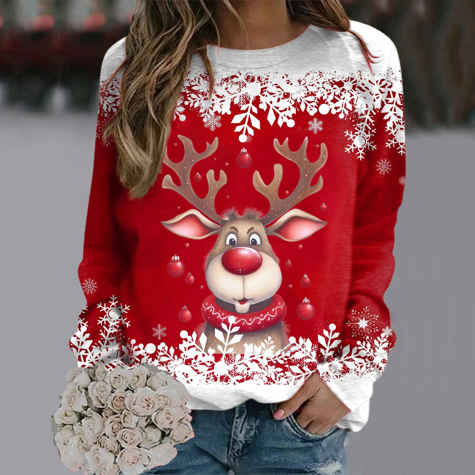 

Sweatshirt For Women Christmas Long Sleeve Tops Hoodies Kawaii Reindeer Graphic Xmas Shirts Woman Clothing Sudaderas Pull Femme