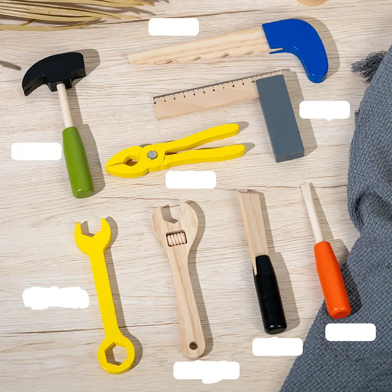 Wooden toolbox toys equipped with tools such as saws, hammers, square rulers, wrenches, screwdrivers, etc