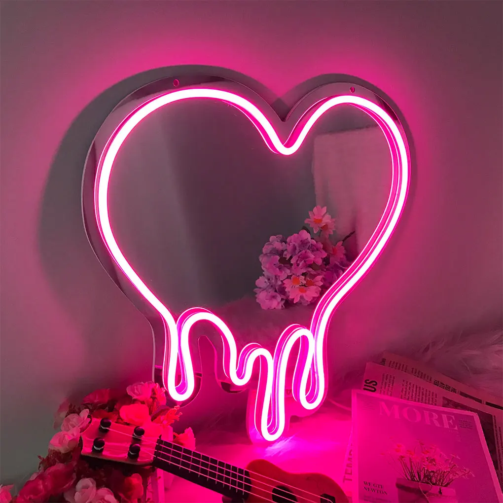 LED Neon Heart Mirror Sign with Pink Light Makeup Mirror Girls Room Decoration Lights Atmosphere Night Lamp USB+Battery Powered large outdoor inflatable santa claus decoration christmas atmosphere mall event decor props with inflatable pump customizable