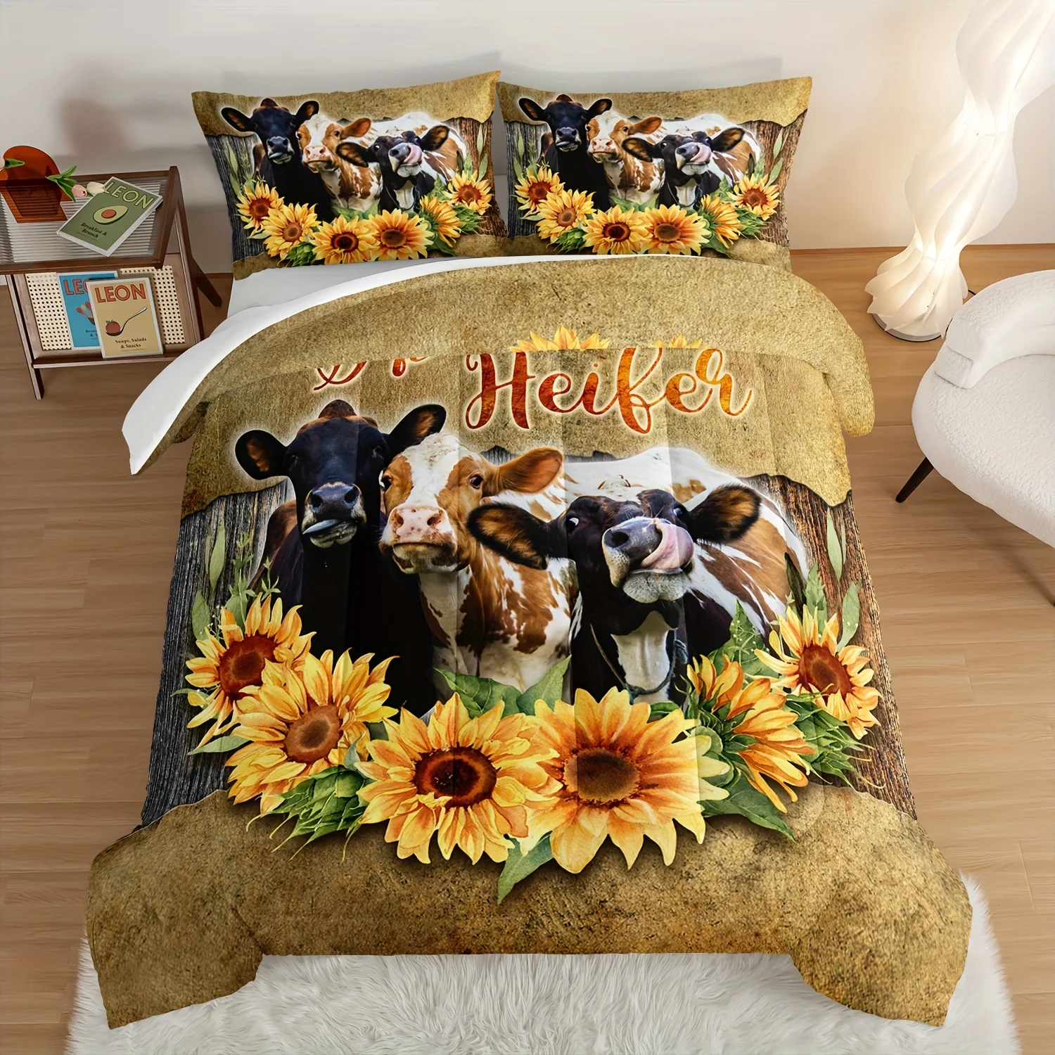 

3pcs Fashion Comforter Set (1 * Comforter + 2 * Pillowcase, No Core), Western Farmhouse Theme Sunflower And Cow Print Bedding Se