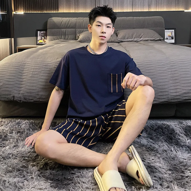 Pajama Sets Men's Two-Piece Pajamas Homewear Summer Cotton Short-Sleeved Shorts Large Size Teenage Boys Casual Homewear Set