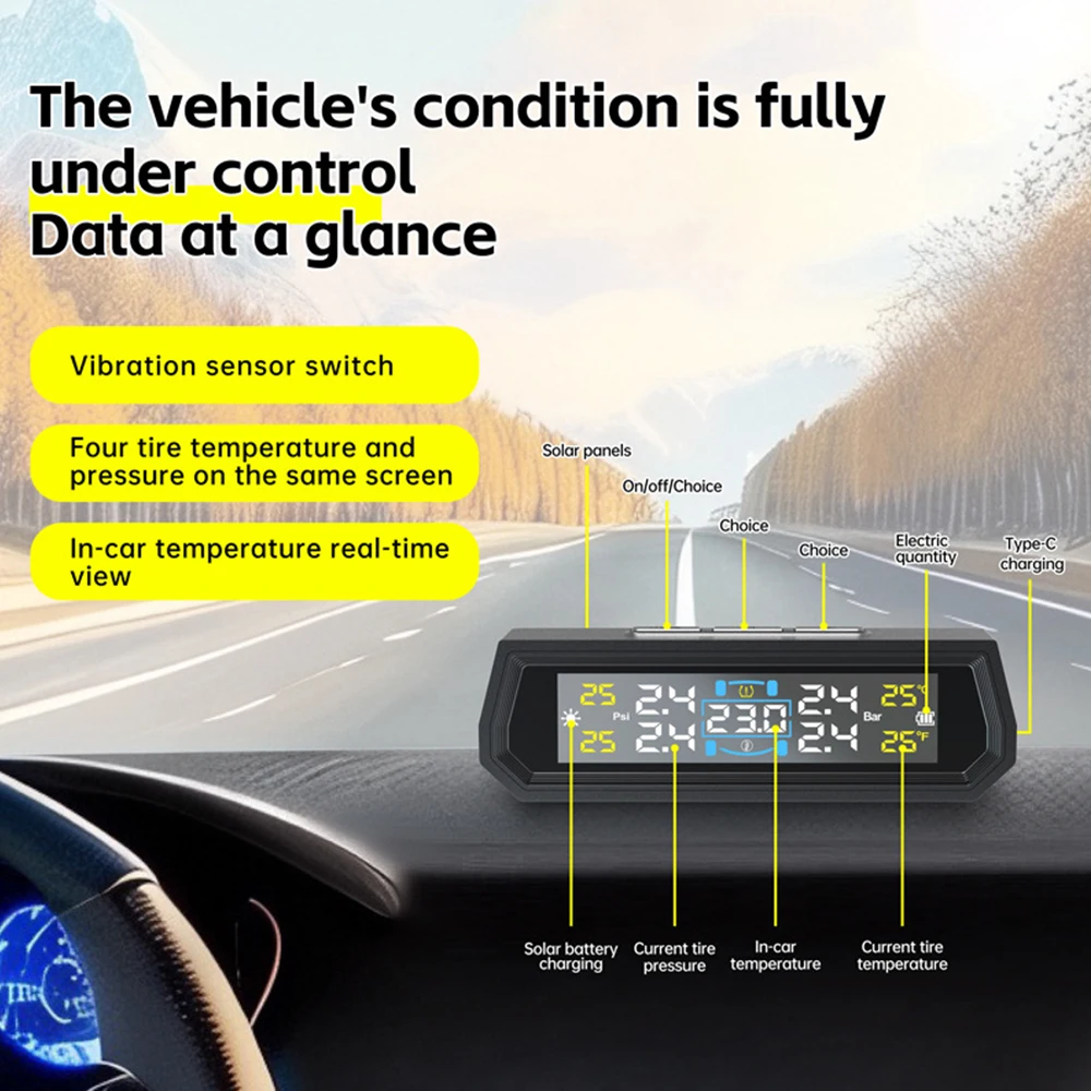 Tire Pressure Monitoring System Temperature Warning With 4 External Sensors Solar TPMS Car Tyre Pressure Monitor Voice Warning