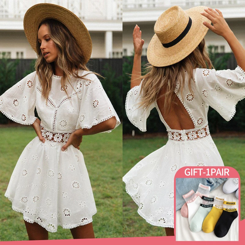 Lace solid White Dress Women Elegant Aproms Cotton Floral Embroidery Mini Fashion High Waist Backless A line Short Dresses |
