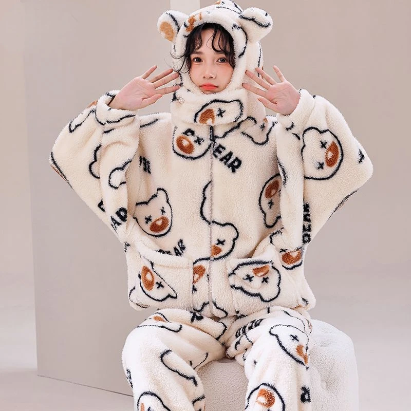 Print Warm Sleepwear Winter Women Pajama Hooded Thick Coral Velvet Women Nightwear Zipper Korean Long Sleeve Trouser Soft Pyjama