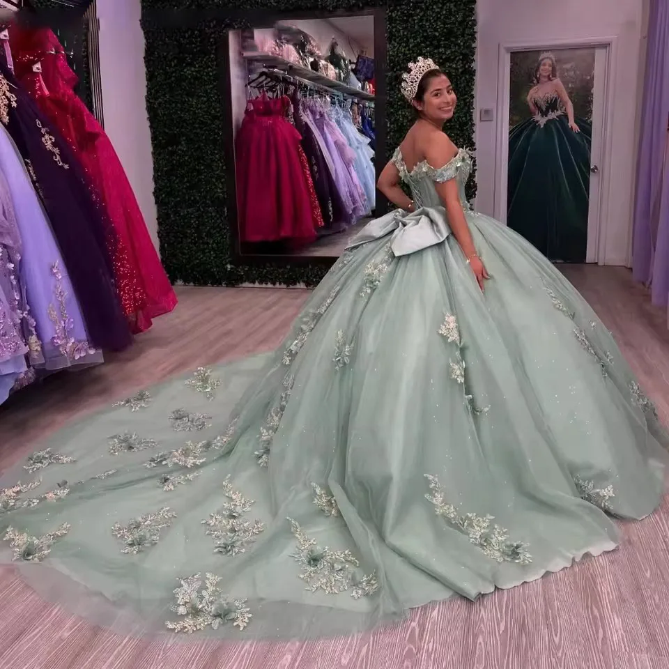 Glitter Sage Green Princess Quinceanera Dresses Ball Gown Sweet 15 Dress Lace Appliqued Vestidos De 15 Quincea&ntilde;eras