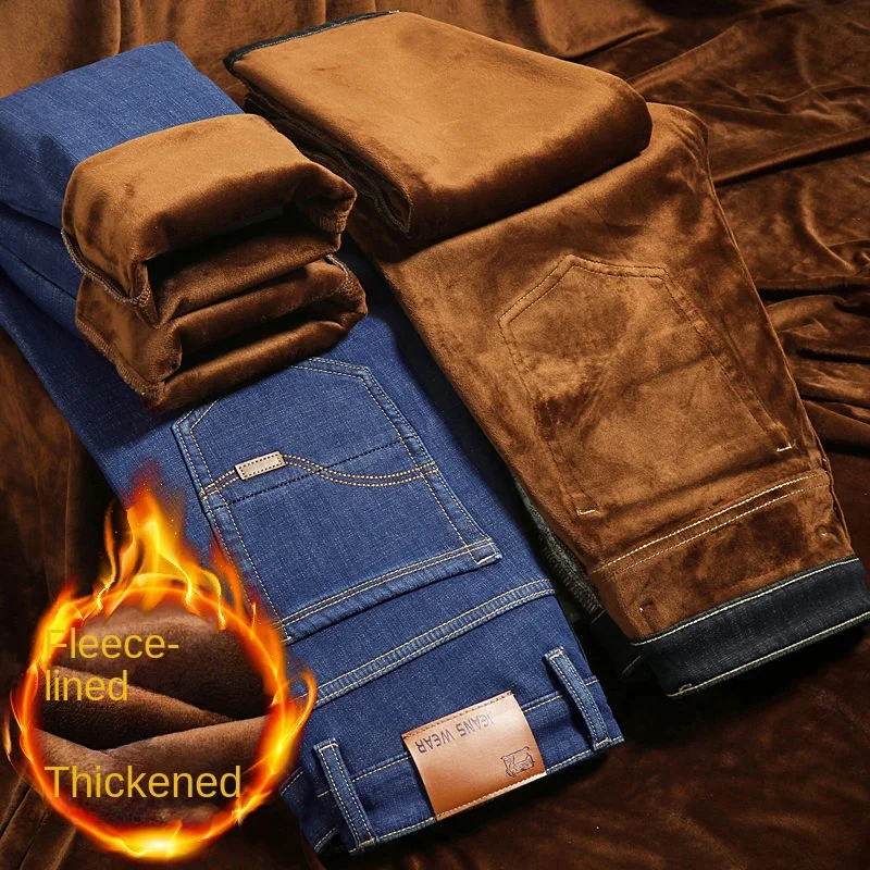 Men's Winter Fleece Warm Jeans Fashion Business Pants Vintage Classic Trousers Autumn Leisure Elastic Straight Work Jeans Men 4