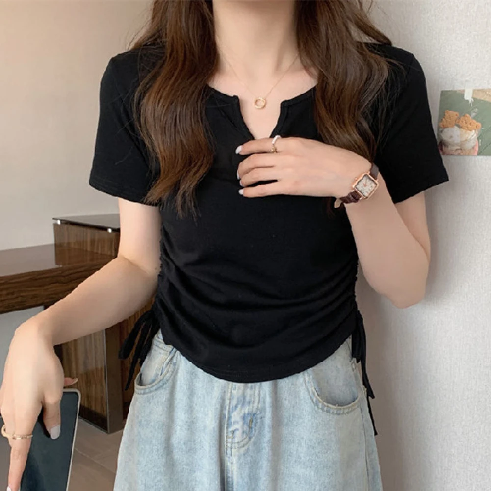 

Топ для студентов, футболка, летняя модная женская одежда с V-образным вырезом, модная Корейская Сексуальная Новинка с коротким рукавом