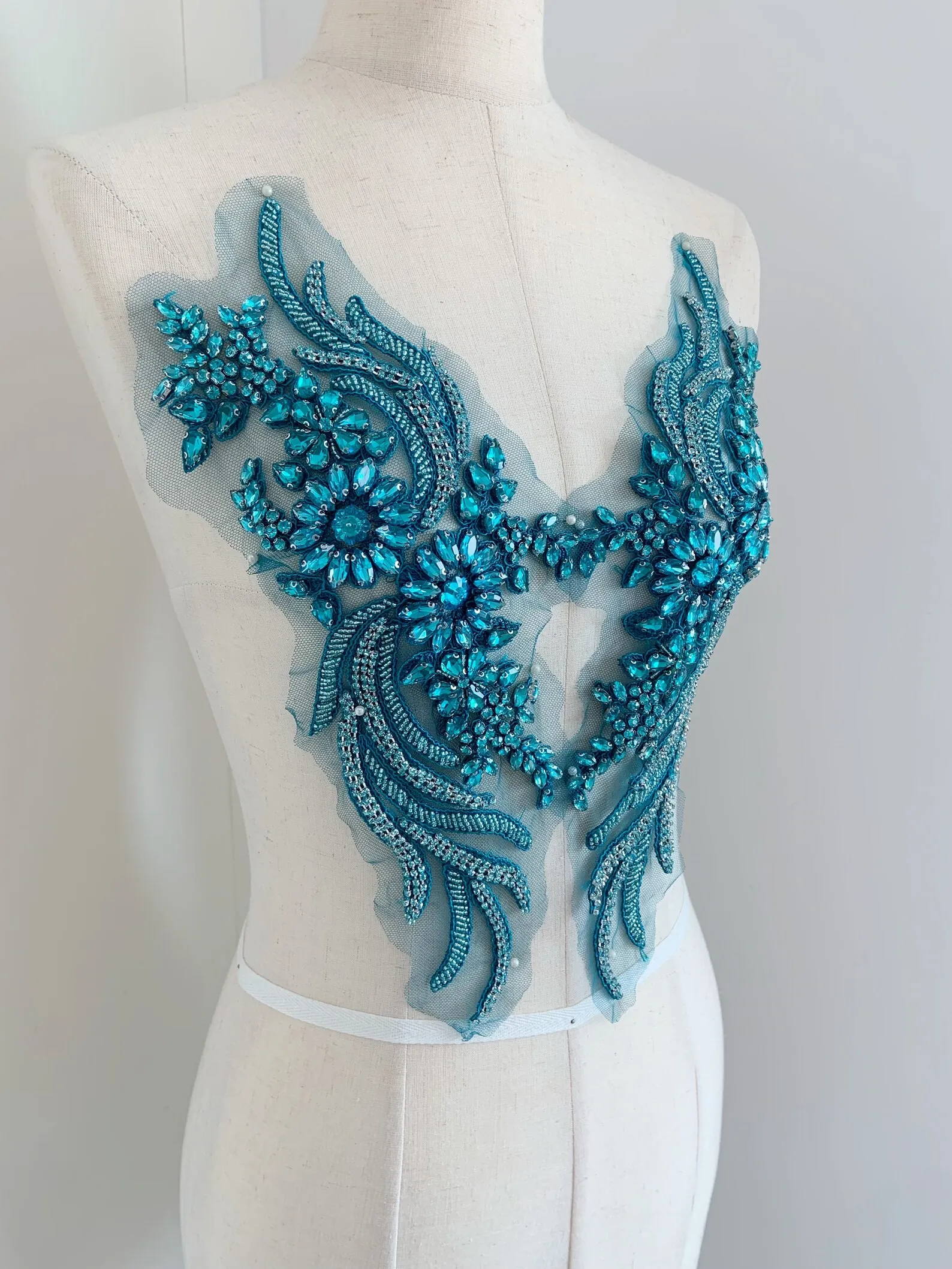 

Teal Blue Rhinestone Applique Heavy Bead Crystal Bodice Patch for Couture Dance Costume