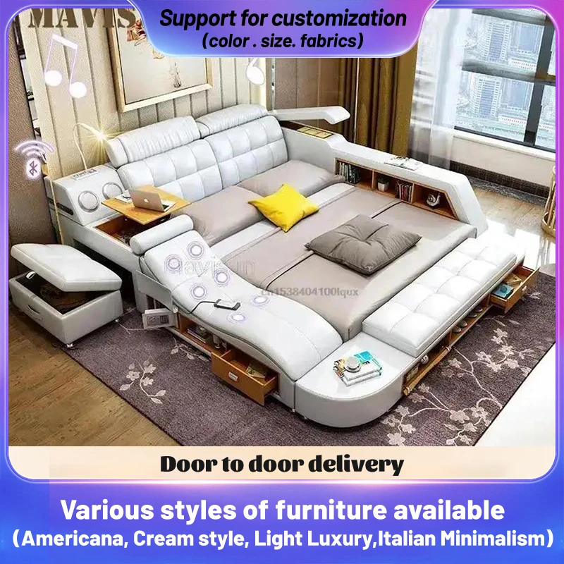 Multifunctional Master Bedroom Leather Queen Double Size Bed Modern Ultimate Smart Bed With Storage Luxury Bedroom Furniture