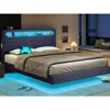 Queen Floating Bed Frame with RGB LED Lights Headboard, USB-C/A Power Combo, Linen Upholstered Platform Bed with Storage Headboa 3