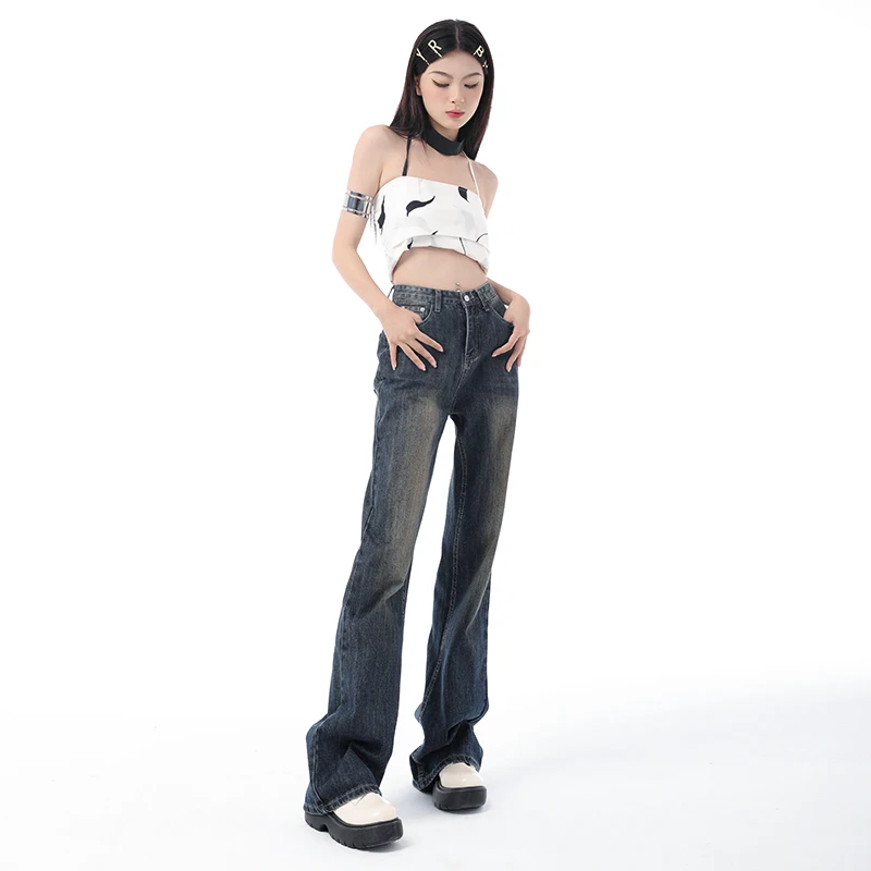 Retro Blue Slightly Flared Jeans Women High Waist Casual Wide Leg Pants Y2k Korean Femme Slimming Small Denim Trousers Summer