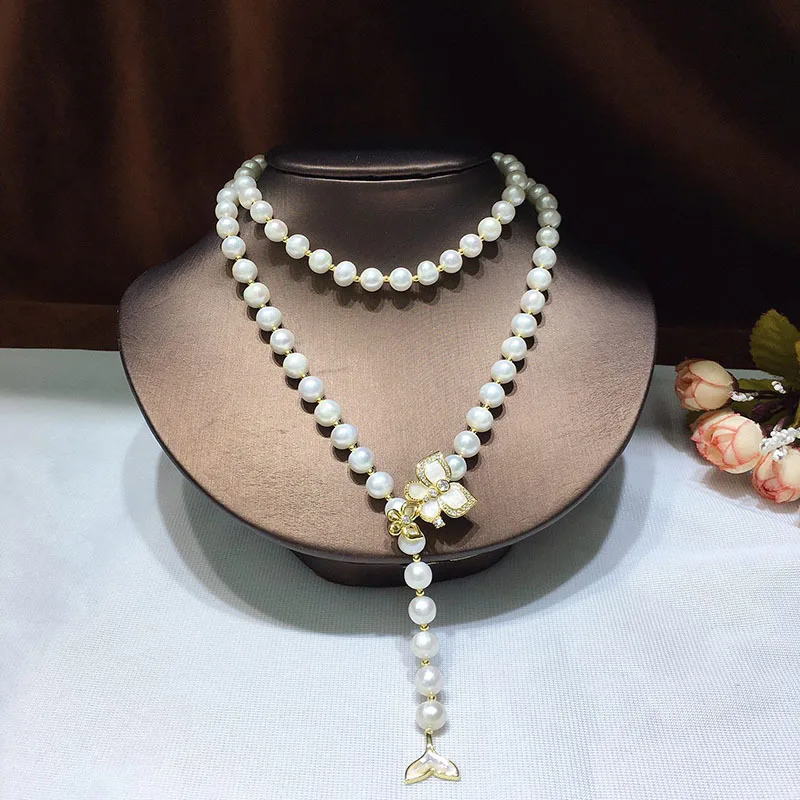 

fashion fishtail 7-8mm freshwater pearl sweater chain with can adjust the versatile temperament