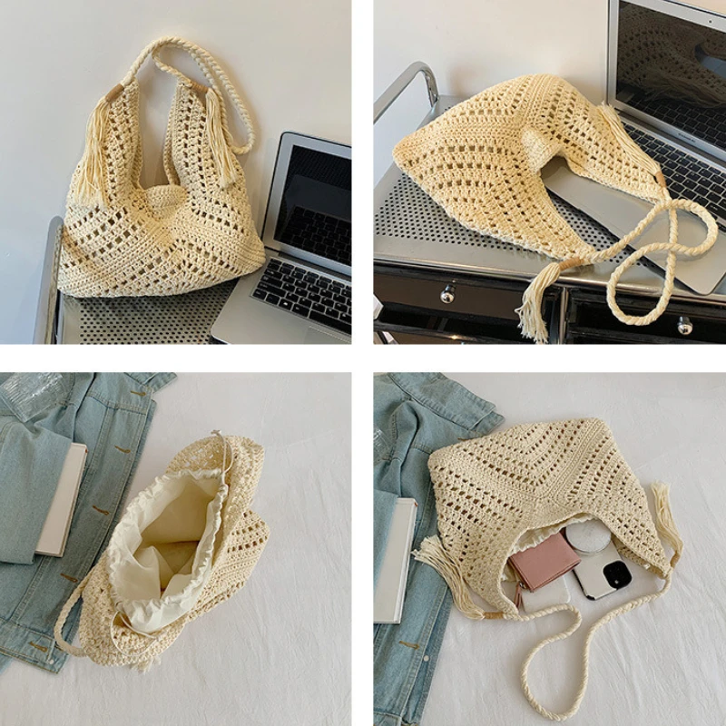 Lässige Stricktasche für Damen, Sommermode, Korbgeflecht, durchbrochenes Design, großes Fassungsvermögen, Umhängetasche für den täglichen Gebrauch_voghion.com