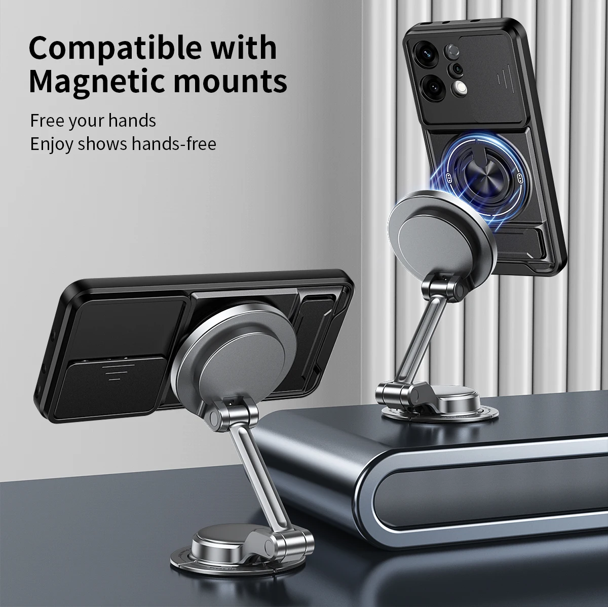 Enhanced Magnetic Ring Protective Phone Case with Camera Sliding Cover and Double Bracket