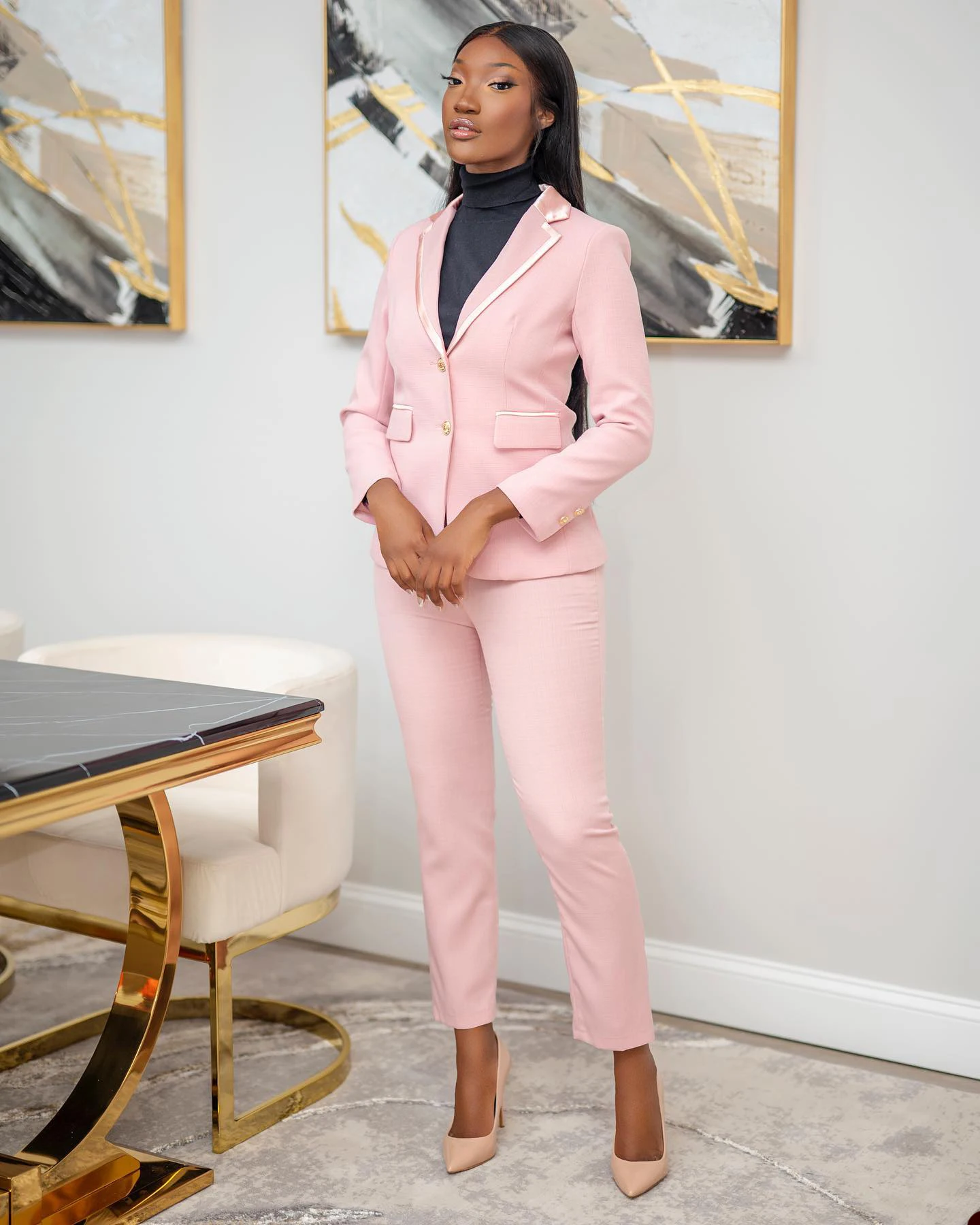 Elegant Women Blazer Sets Tailored Lady Hot Pink Pants Suits Prom