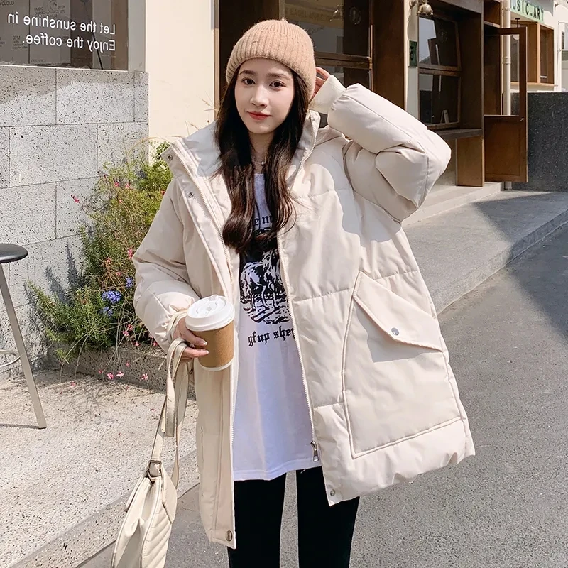 

Thickened Bread Coat Down Padded Jacket Korean Loose Medium Long Women Parka Cotton Clothes Winter Hooded Jacke Casual Outerwear