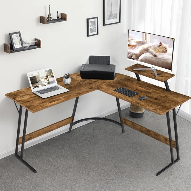 Bureau d'ordinateur d'écriture Table d'étude simple pour bureau à domicile  Cadre en métal Assemblage facile avec 2 étagères de rangement, Noir +  Marron 