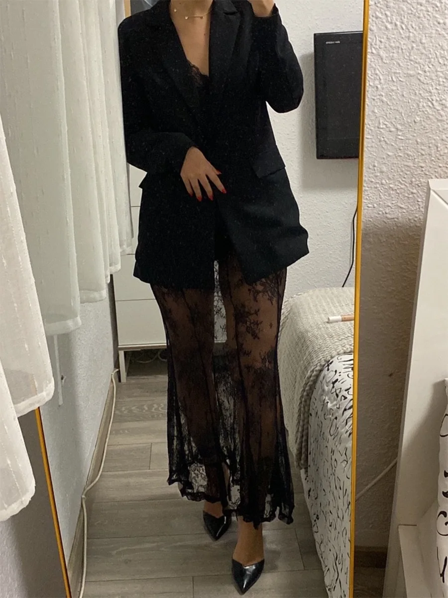 Women's Summer Sheer Lace Skirt Trendy Long Cocktail Skirt for Bar, Beach, Party 1