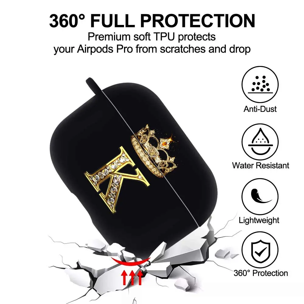 Elegant Diamond Crown Initial AirPods Case - Black Wireless Bluetooth Earphone Cover
