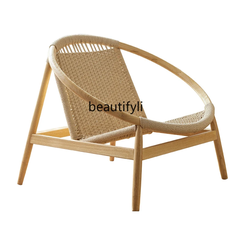 

Solid Wood Sofa Chair Household Armchair Balcony Single Recliner Hemp Rope Woven Leisure Chair