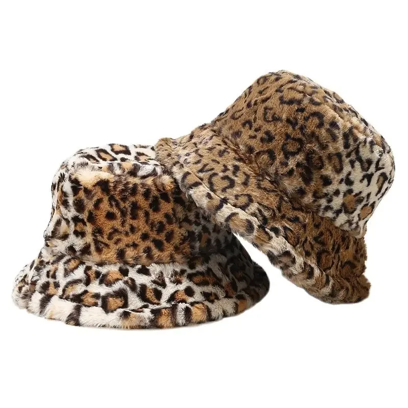 

New Winter Luxury Leopard Print Bucket Hats Fluffy Fur for Man Women Autumn Thick Panama Hat Ladies Warm Fisherman Hats Outdoor