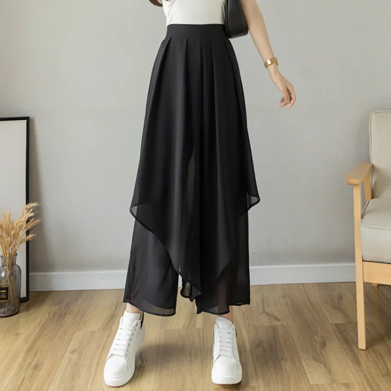 Women Casual Solid Elastic High Waist Pleated Pants 2024 Fashion Asymmetrical Chiffon Wide Leg Pant Summer Loose Skirt Trousers