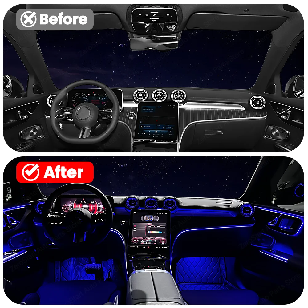 메르세데스 벤츠 W206 X254 GLC C클래스용 차량 64색 앰비언트 라이트 LED 에어벤트 도어 핸들 램프 인테리어 4D 회전 트위터