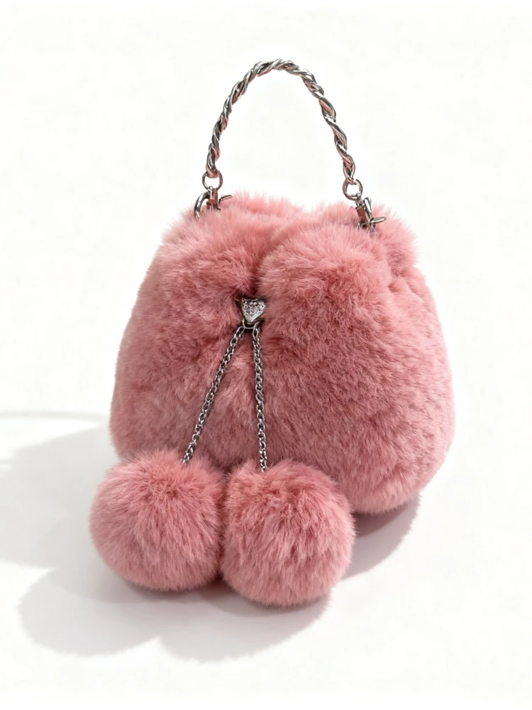 Autumn Winter Women's mini Handbag Rex rabbit fur Soft Bucket Bag Lady Purse Evening Clutch Bag Female Shoulder Crossbody Bag