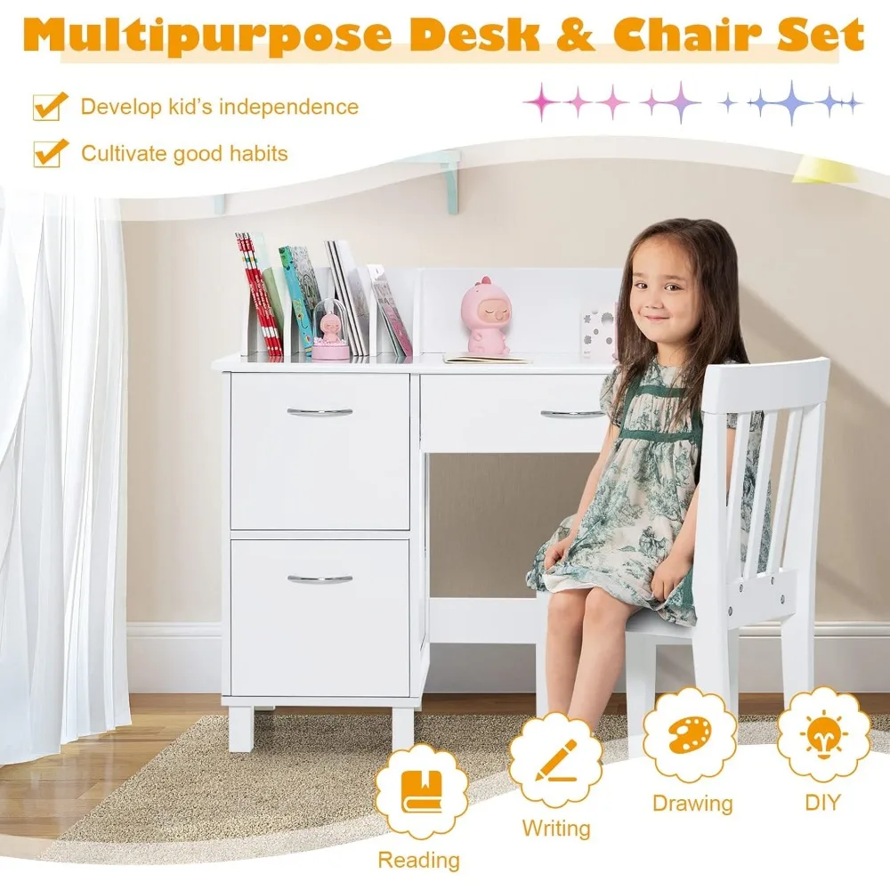 Kids Desk and Chair Set, Children Wooden School Learning Table w/Drawer & Storage Cabinets, Student Writing Computer Workstation 3