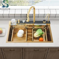 Golden Multifunctional Kitchen Sink Digital Display 304 Stainless Steel Waterfall Kitchen Sink with Soap Dispenser 1