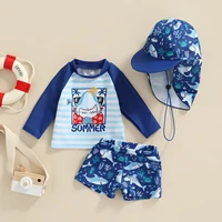 Citgeett Summer Kid Boy Swimsuit Cartoon Striped Print Beach Long Sleeve Tops + Shorts + Hat Clothes 5