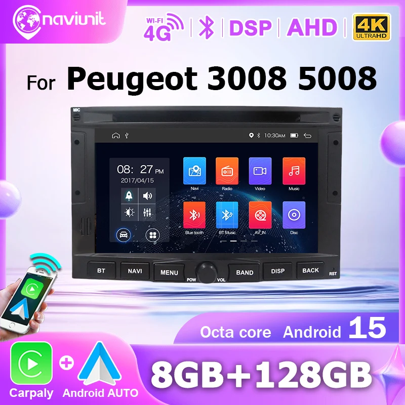 Radio Estéreo Inalámbrico para Auto con Carplay Android 15, 2DIN, para Peugeot 3008 5008 2010-2016, Bluetooth, Pantalla de 7 Pulgadas, Reproductor Multimedia, GPS 1