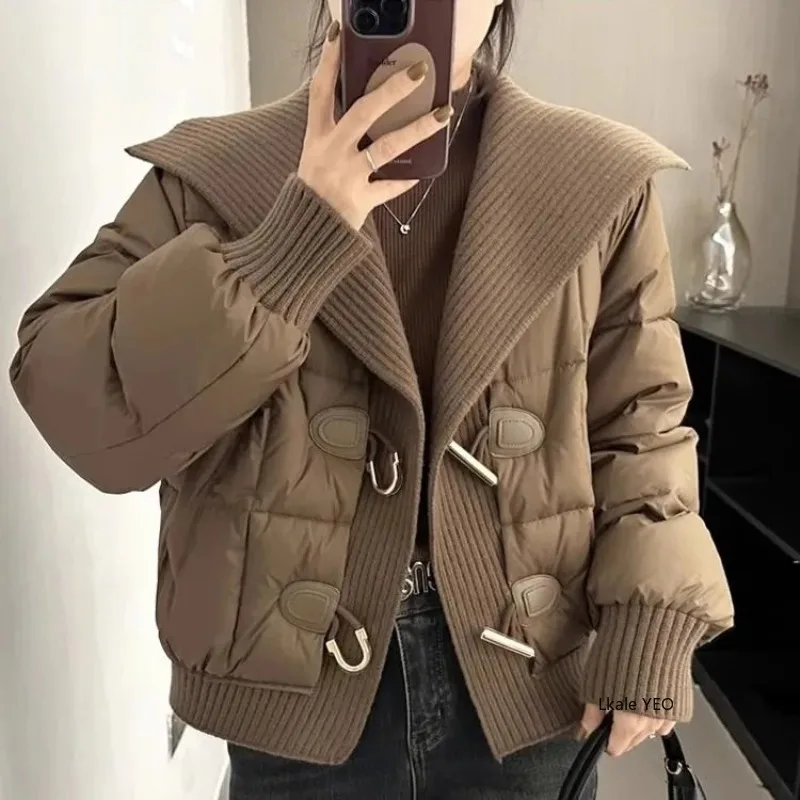 New Women's Down Cotton Jacket 2025 Knitting Splicing Fashion Ladies Winter Parka Coat Korean Version Lapel Female Outerwear