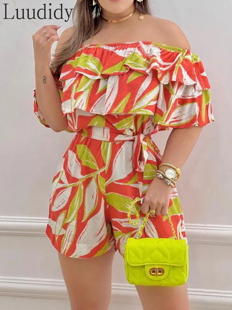

Women Sexy Print Off Shoulder Ruffle Hem Romper Playsuits