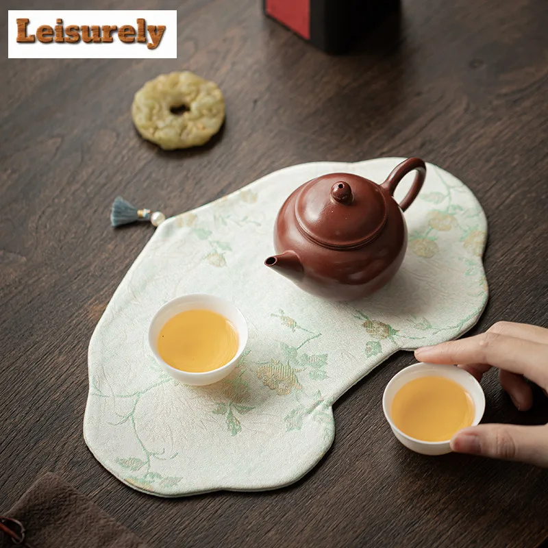 Vine Grass Green Xiangyun Silk Tea Table Mats Creative Zen Tea Table Cloth Drink Coaster Dinner Table Cloth Mat Drinkware Craft