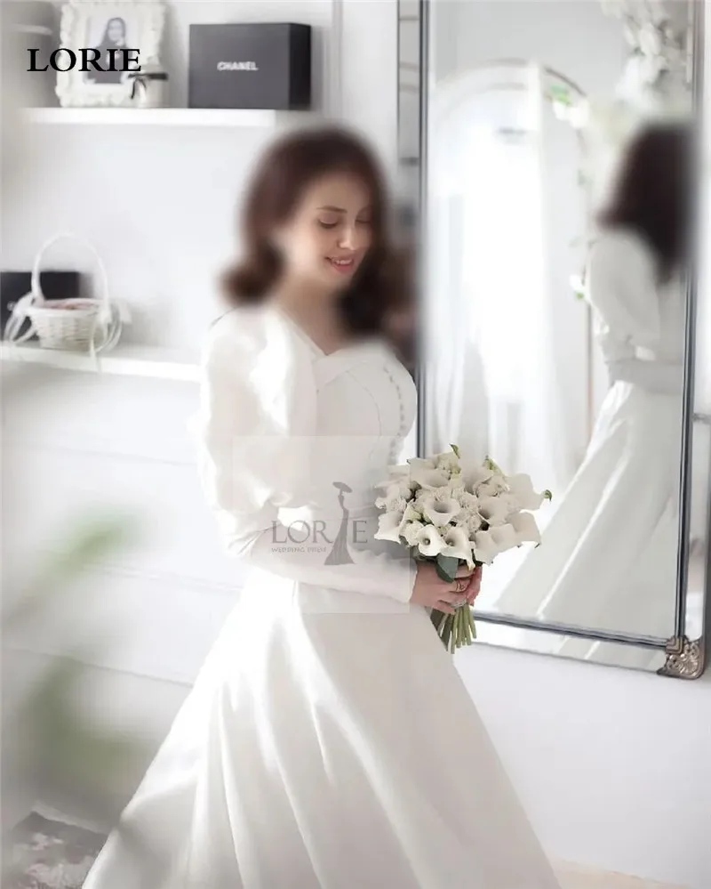 LORIE Ivory Satin Wedding Dresses A Line Long Sleeve Square Neck Bride Dress Elegant Classic Modest Bride Wedding Gowns 4