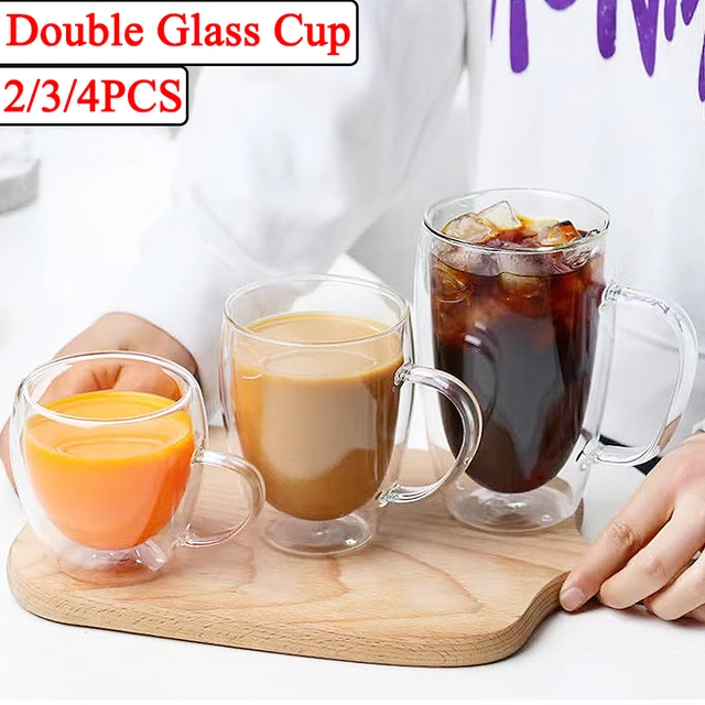 Double Walled Glass Coffee Mug Set Of 2 Milk Water Juice Clear Travel Cup