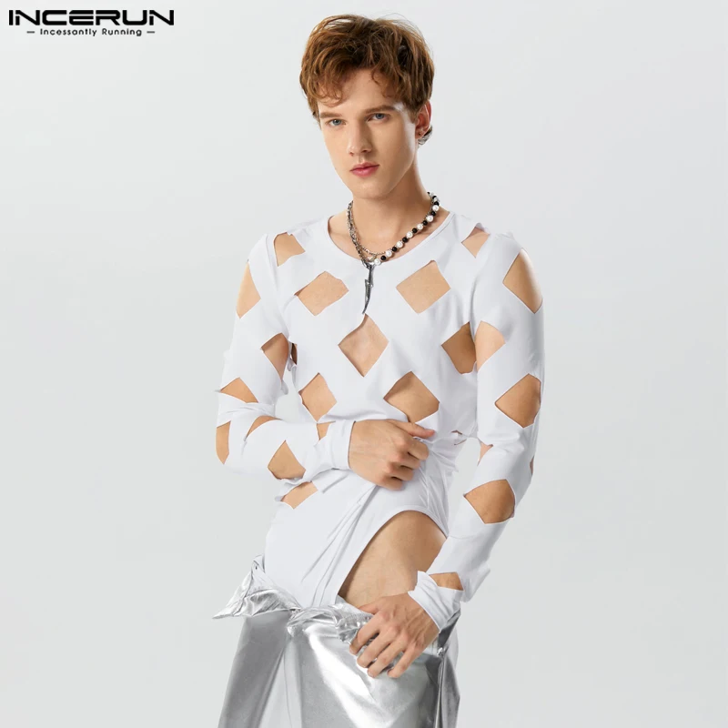 

INCERUN 2023 Sexy Solid New Men Bodysuits Hollow Diamond Design Rompers Fashion Male Homewear O-Neck Long Sleeve Jumpsuits S-3XL