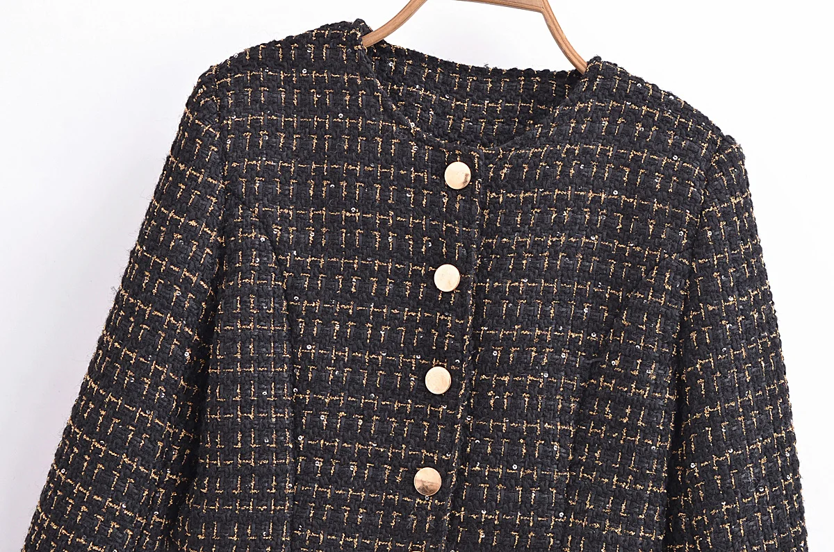 French Retro Women Black Weave Gold Line Tweed Blazer High Waist Center Buttons Back Zipper Mini Skirt Set Suits 2 pieces 1 set
