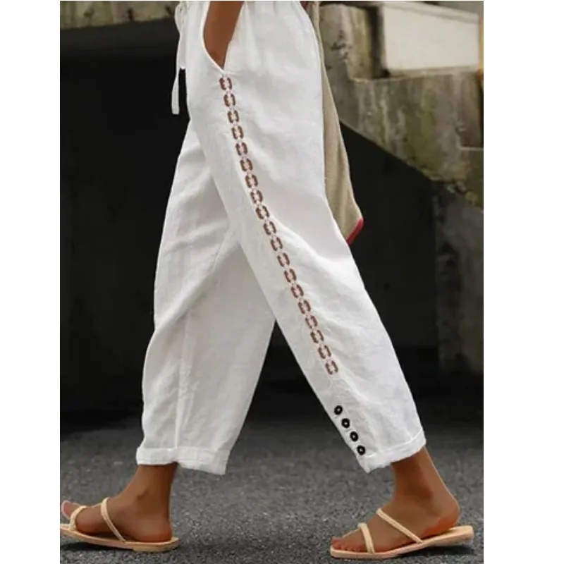 Women Fashion Embroidered Lace Trousers Vintage Lace-Up Pockets Pants Summer Elegant Loose Elastic Waist Long Pants Streetwears