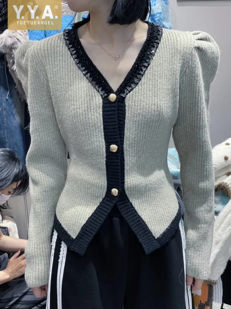 

Mixed Colors Fashion Sweater V-Neck Puff Long Sleeve Women Knitting Cardigan Single Breasted Slim Fit Office Ladies Knitwear Top